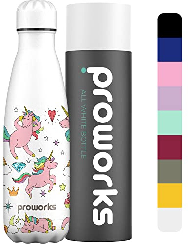 Unicorn Water Bottle 500ml – Proworks Stainless Steel Insulated Water Bottle | Leakproof Screw Lid | Double Wall Vacuum Flask Keeps Drinks Hot 12 Hours Cold 24 Hours | BPA Free | White Unicorn