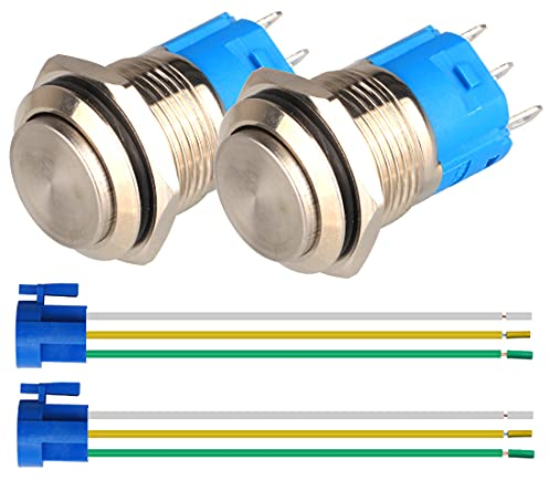 GUUZI 2 pièces 16MM Verrouillage Etanche en Acier Inoxydable Interrupteur à Bouton-Poussoir en Métal 12V 24V 36 DC 110V 250V AC 3A 1NO + 1NC SPST (Tête Plate Haute)