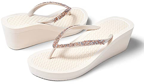 Tongs Femme Talon Compensés Tongues Légères Épais Plateforme Flip Flops Sandale Eté Plage Vacances Piscine Sandales de Plage Beige 38