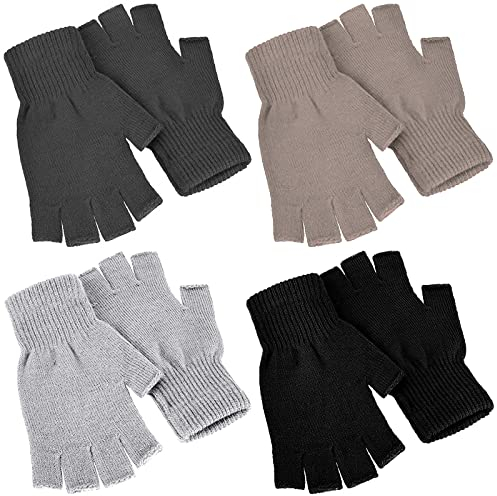 SATINIOR 4 Pairs Winter Half Finger Gloves Knitted Fingerless Mittens Warm Stretchy Gloves for Men and Women (Black, Dark Gray, Khaki, Light Gray)