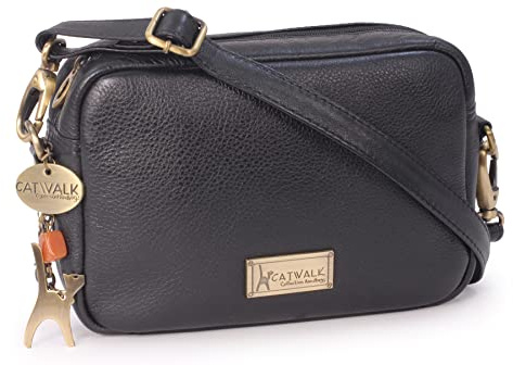 Catwalk Collection Handbags - Bolso Bandolera Pequeño de Piel Auténtica - Bolso de Mano Mujer - Bolsito Cruzado con Correa Desmontable - Polly - Negro