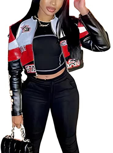 VOIKERDR Faux Leather Jacket Women Zipper Moto Biker Short Bomber Jacket Women