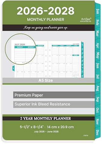 2026-2028 Monthly Planner Refill - Planner Inserts with 7-Hole Punched, 5-1/2 x 8-1/2, July 2026 to June 2028, Two Pages Per Month, 2026-2028 Calendar with Monthly Tabs