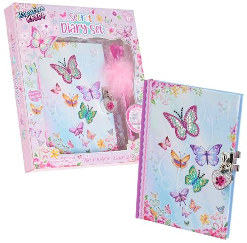 KreativeKraft Tagebuch mit Schloss & Schlüssel, Rosa Tagebuch Mädchen mit Flauschigem Stift - Geschenke für Mädchen (Rosa Schmetterling Tagebuch)