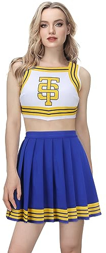 Mokkin Adult Women Tay Tay Cheerleader Costume Uniform Girls Swift Cheerleading Crop Top with Pleated Skirt Halloween Outfit (Blue, X-Small)