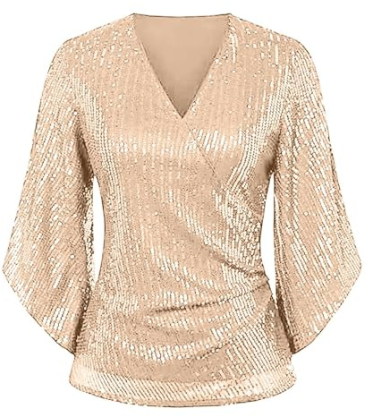 T-shirt à paillettes pour femme - Manches 3/4 - Col en V - Haut habillé à manches longues en coton pour femme, rose gold, L