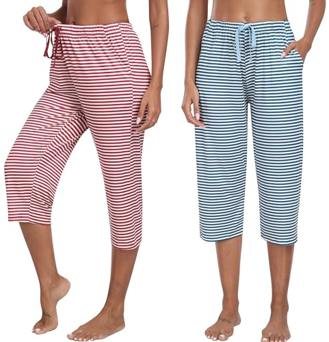 MoFiz pantaloni a righe pigiama donna pantaloni tre quarti pantaloni morbidi pantaloni estivi 513-B M