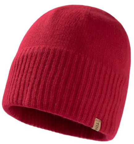 TOP-EX XL/XXL 100% Merinowolle Beanie Mütze, Wintermuetze Wollmütze Herren Damen, Strickmuetze Fisherman Beanie Trawler Mütze Warme Fleece Futter Rot M/L