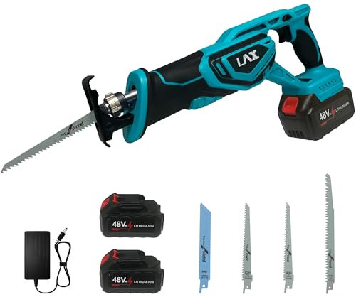 Universalsäge,Akku Reciprosäge,Säbelsäge Variabler Drehzahl Von 0-2800 SPM,Mit 2x 4.0AH 48V Akku, 22mm Hublänge, 4 Sägeblätter，Schnellladegerät, Ideal zum Schneiden von Holz und Metall