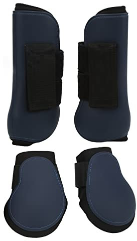 Qukaim Pferdegamaschen PU Elastisch Stoßdämpfend Schützende Vordere Hinterbeinschoner für Offroad-Wettbewerbe Set Marineblau XL Pferdestützstiefel Beinschutz
