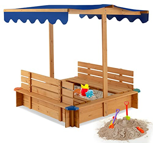 DREAMADE Sandkasten 120 x 120 cm, Sandkasten aus Holz mit Dach & 2 abnehmbaren Sitzbänken, viereckiger Tannenholz-Sandkiste, Kinderspielplatz für Garten, Zuhause, Strand