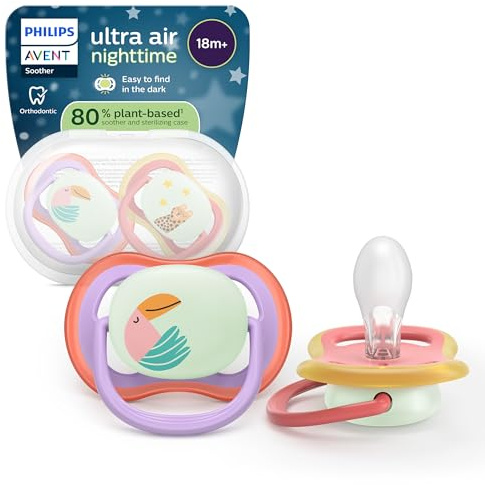 Philips Avent Sucettes de nuit ultra air - Tétines orthodontiques, pour bébés de 18 mois et plus, phosphorescentes, en silicone ultra-ferme d'origine végétale, sans BPA, lot de 2, SCF376/33