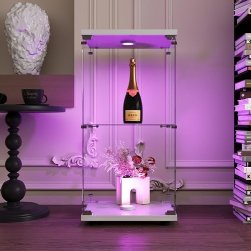 Liuyoyo Glasvitrine med LED-belysning, Två Hyllor och En Dörr, Modern Glasvitrine, Vit Vitrine för Vardagsrum, Sovrum, Kontor (Vit, 1 Dörr 2 Lager LED)