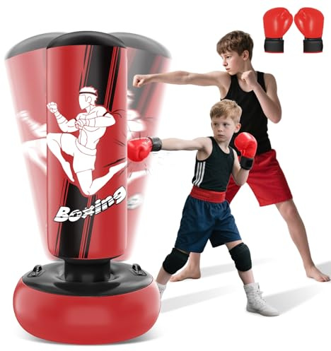 JUOIFIP Sacco da Boxe Bambini- 160cm Gonfiabile con Guantoni da Sacco Boxe per la Pratica di MMA Karate Taekwondo e per Alleviare l'energia di Pent Up Pugilato
