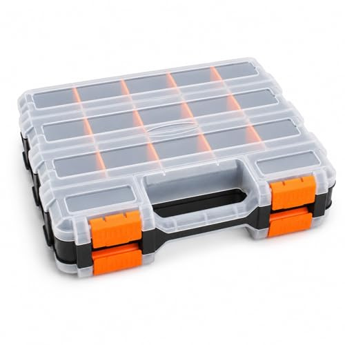 GOOGO Caja organizadora de tornillos de doble cara, 34 compartimentos con separadores ajustables y asa, organizador de herramientas para taller, manualidades y hogar (amarillo)
