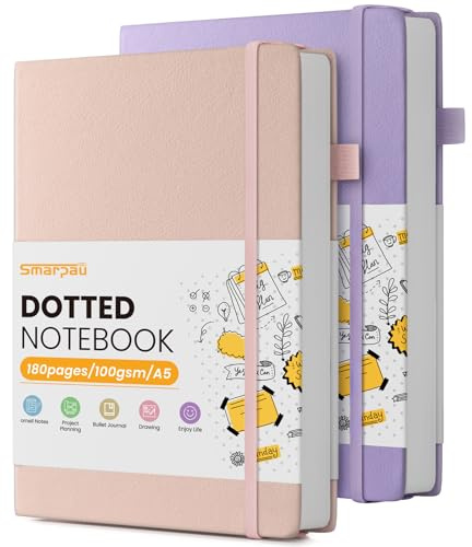 Smarpau 2 Pack Dotted Notebook A5, Bullet Dot Journal with 360 Pages 100GSM Thick No Bleed Paper, Hardcover Journal Notebooks for Office School Travel Writing, Pink Purple