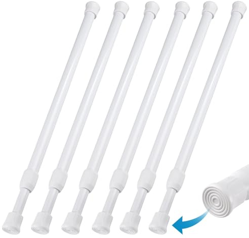 6Pcs Net Curtain Rods Extendable,30-50cm Adjustable No Drill Curtain Pole | Small Spring Tension Cupboard Rods, Extendable Cupboard Bars for Bookshelf Wardrobe Bathroom(White)