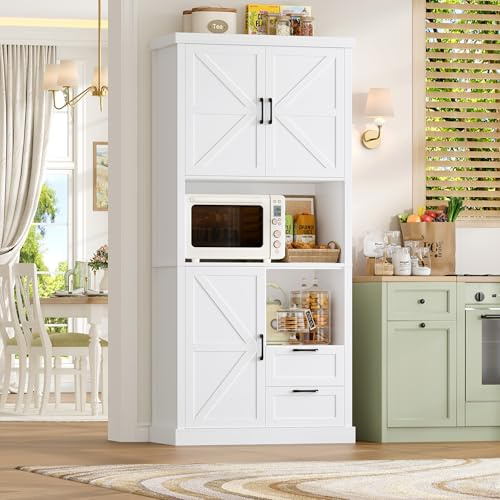 HOCSOK Credenza Cucina Alta, 193 cm Mobile Dispensa Cucina con 3 Ante e 2 Cassetti, 193×86×40 cm, Mobile Armadio Per Sala da Pranzo, Camera da Letto, Soggiorno, Bianco