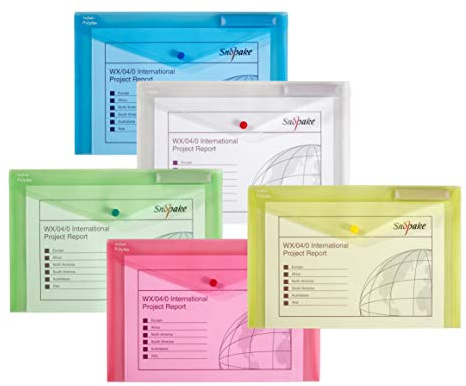 Snopake [100% Recycled] Foolscap Polyfile Popper Wallet File with Press Stud Closure and Index Tab – Classic Assorted [Pack of 5] Ref: 10087X
