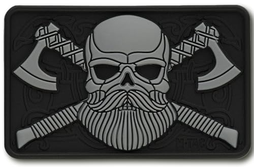 M-Tac taktisk skäggdödskalle-lapp – militär moral-lapp för redskap, jackor, ryggsäckar och hattar – krokfästen för kläder och taktisk utrustning (svart/grå)