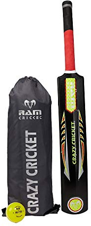 Ram Cricket Crazy - Juego de bate y pelota de críquet de plástico duradero con zona de golpeo potente - Tamaños 6, 4, 2, 0 - Pelota suave cosida en relieve