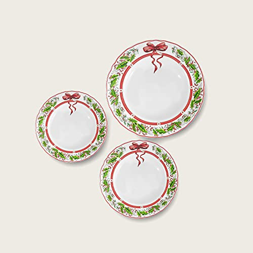 ARCA, Set 18 Piatti Natalizi, Servizio di Piatti per 6 Persone in Porcellana, per Lavastoviglie e Microonde, Resistenti e Duraturi, Decoro con Fiocco di Natale, Idea Regalo, in Diverse Misure