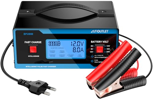 AUTOUTLET 6/8/12/14/24V Cargador de Batería de Coche Cargador de Batería de Automóvil Inteligente y Mantenedor 0-10A Totalmente Automático con Abrazaderas de Cable