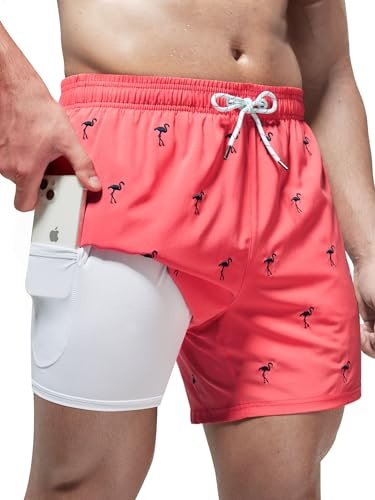 Arcweg Costume da Bagno da Uomo 2 in 1 con Fodera Boxer 5,5 Costume da Bagno ad Asciugatura Rapida Costume da Bagno Pantaloncini da Bagno con Tasche con Cerniera Fenicottero XL(EU)