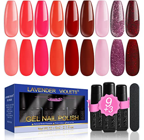 Lavender Violets 13 Pcs Gel Nail Polish Set Dark Red Wine Plum Red Brown Sparkle Silver Shimmer Valentine UV LED Nail Varnish Nail Art Gift DIY Home for Wome Lady C652