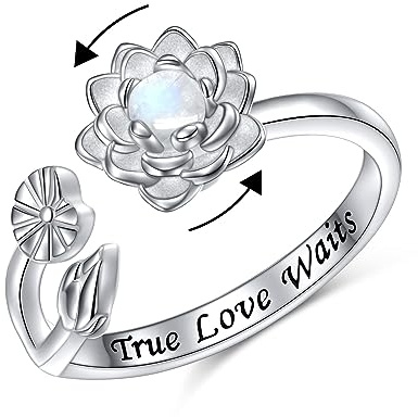 Yearace Fidget Anxiety Rings for Women, Sterling Silver Lotus Moonstone Spinner Ring Engraved True Love Waits, Lotus Natural Blossom Vintage Ring Yoga Jewelry Gifts (Size 7)