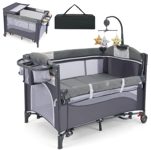 Baby Travel Cot, 5 in 1 Foldable Baby Bedside Sleeper with Bassinet Diaper Changer Mattress Carry Bag Music Box Hanging Toys, Portable Crib Playard Pack and Play for Newborn Infant (Classic)