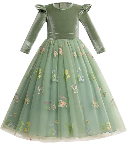 IDOPIP Otoño Invierno Flores Niña Vestido de Terciopelo Vestido de Navidad Mangas Largas Bordado Princesa Vestido de Tulú Fiesta Cumpleaños Baile Oficial, verde, 3-4 Años