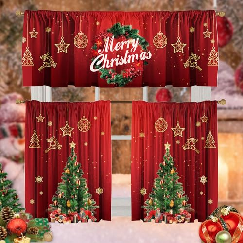 Deztibos Christmas Curtain Valances Set Decoration, Suitable for Kitchen, Bedroom, 52lx18w Inch 26lx36w Inch X2, Wreath Xmas Tree Holiday 3-Panel Set