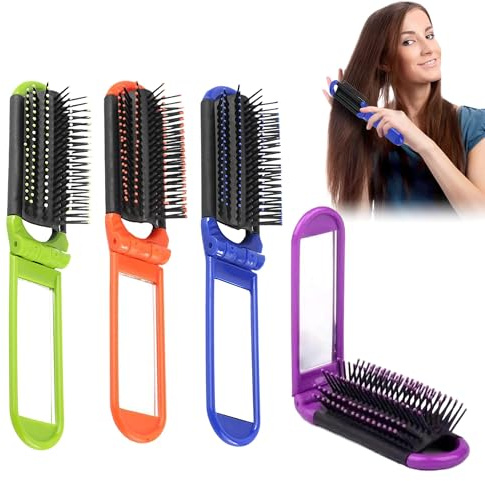 4PCS Hair Brush Folding Hair Colour Brush with Mirror Travel, 4 Colors, Collapsible Pocket Size, Massage Comb for Gym Trip Purse