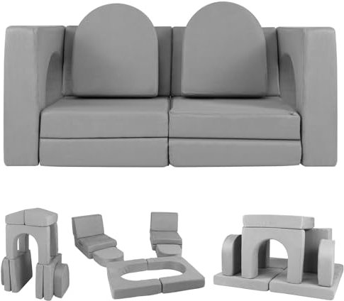 DREAMADE 12 in 1 Spielsofa, modulares Kindersofa aus 8 Schaumstoff Bausteine, Kindercouch mit Wildlederbezug, Kinderspielsofa Kindermöbel für Spielzimmer, Kinderzimmer & Schlafzimmer (Grau)