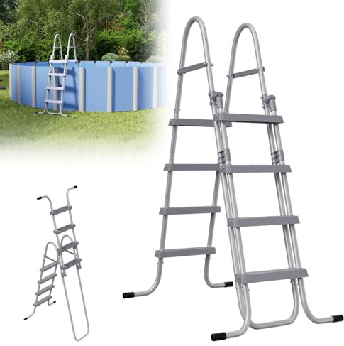 ACXIN Escalera de piscina con 4 peldaños, 160 x 116 x 80 cm, color gris, escalera de seguridad de metal, escalera de piscina plegable, para piscina de altura de hasta 130 cm, capacidad de carga de