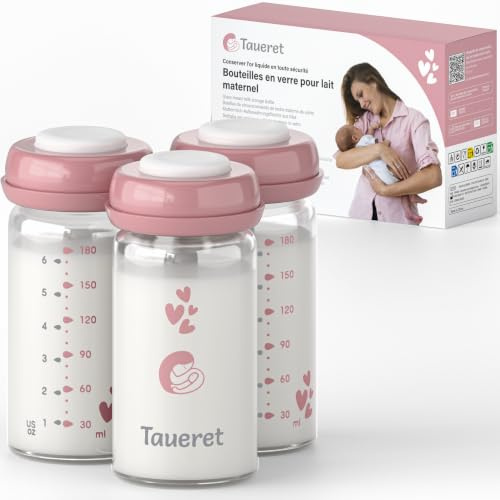 Taueret Bouteille lait maternel verre borosilicate 180 ml, pot conservation lait maternel hermétique, contenant réutilisable pour congélation et stockage, sans BPA