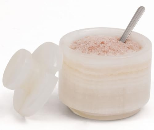 Vit onyx marmor saltkällare uppsättning med 2 med lock och sked, 7,6 cm handgjorda natursten krydd- och sockerbehållare för köksbänkskiva, eleganta kryddburkar, lyxigt kökstillbehör