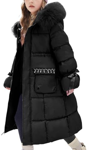 Girls Padded Maxi Coat - Kids Faux Fur Hooded Parka Jacket, Quilted Thicken, Windproof Overcoat, Long Sleeve Bowknot, Stand Collar Pockets, Teenage Snowsuit, Outwear School Walking Age 5-16 Years