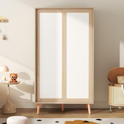 Kebnor Armario para niños, armario de puertas correderas con barra para colgar, material de aglomerado, patas de madera maciza, blanco+madera natural, 80 × 46 × 141,5 cm