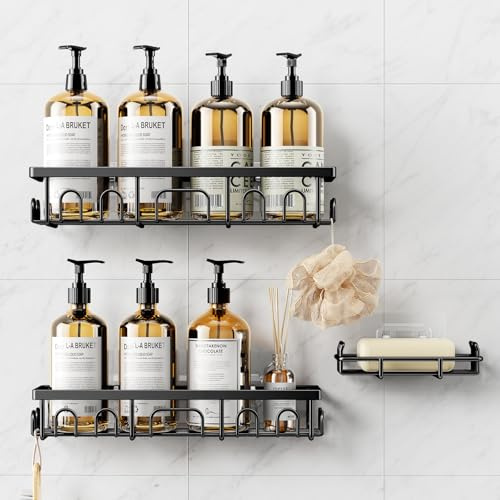 Deyhoc 3 Pezzi Acciaio Inossidabile Antiruggine Mensola Doccia senza Foratura, Accessori Bagno senza Forare, Autoadesivo Mensole Bagno Organizzatore, Nero