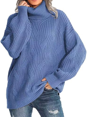 Pull à col roulé Oversize pour Femme, Grosse Maille, Manches Longues, Bleu, Taille XX-Large