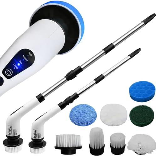 Elektrische Reinigungsbürste mit 8 Wechselbürsten, 8 in 1 Electric Spin Scrubber Schnurlos 3 Geschwindigkeit 300-400-500rpm Fugenbürste Putzbürste mit Teleskopstange für Küche Bad Boden Fliesenwände