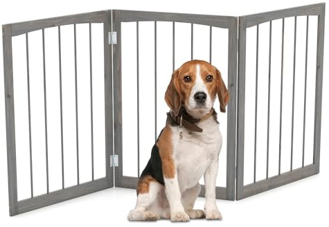 GYMAX Wooden Pet Gate, Foldable 3 Panels Stair Gate, Solid Wood Frame, 76cm High Freestanding Safety Doorway Dog Barrier (Gray)