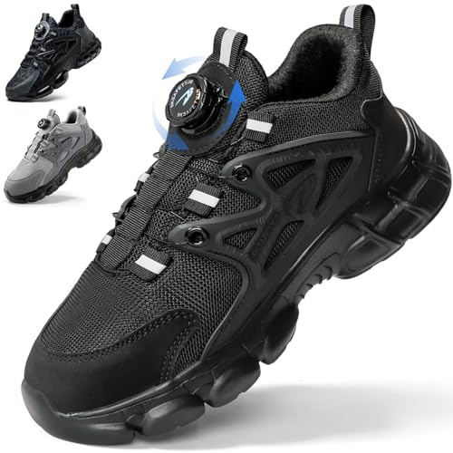 Safety Trainers, Steel Toe Cap Trainers for Men Women, Lightweight Breathable Safety Shoes Non Slip Cushioning Work Trainers Shoes with Swivel Buckle Shoelaces