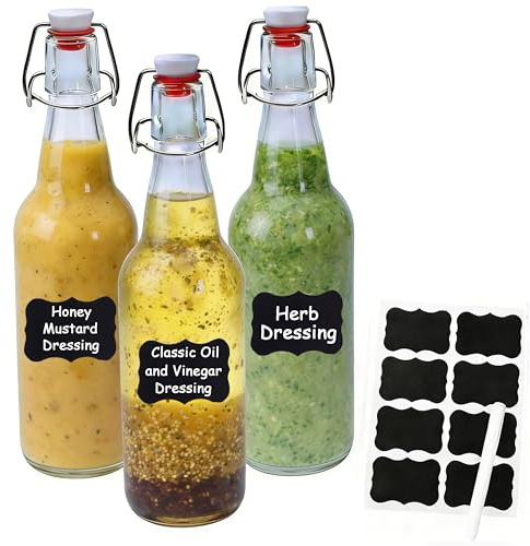 Shaker per insalata in vetro, 450 ml, set da 3 pezzi, shaker per condimenti, con chiusura a leva, senza contagocce, bottiglia per salsa con etichette per cucina, picnic, condimenti per insalata, salsa