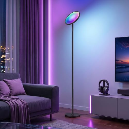 HOMCOM Uplighter RGB Floor Lamp with Tuya App, Music Sync, USB Port, Black | Modern Dimmable Standing Lamp, Adjustable Head, Steel Base, Living Room Bedroom Gaming