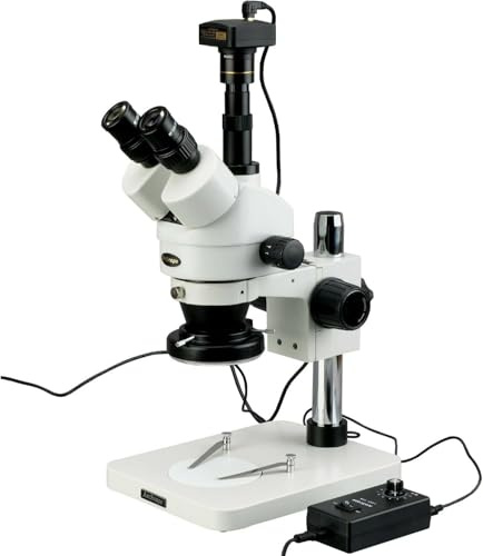 AmScope SM-1TSZ-144-10M Digital Professional Trinocular Stereo Zoom Microscope, WH10x Eyepieces, 3.5X-90X Magnification, 0.7X-4.5X Zoom Objective, 144-Bulb LED Ring Light, Pillar Stand, Includes 0.5X and 2.0X Barlow Lenses and 10MP Camera with Reduction Lens and Software