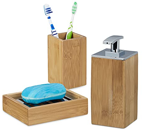 Relaxdays 3 teiliges Badgarnitur Set aus Bambus, Seifenspender nachfüllbar, Seifenschale Seifenablage, Zahnputzbecher eckig, Natur