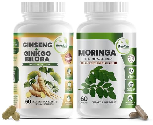 GreeNatr Ginkgo Biloba, Panax Ginseng Supplement and Moringa Capsules Bundle - Ginkgo Biloba Supplements for Immune Support and Energy Boost - Moringa Supplement for Concentration and Good Memory
